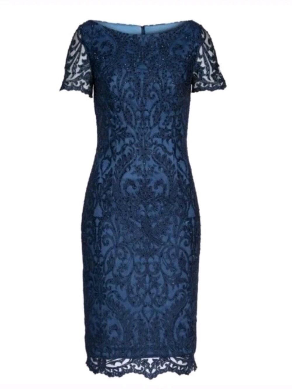 LA FEMME Slate Blue EMBROIDERED Beaded LACE COCKTAIL Dress sz 14 Wedding